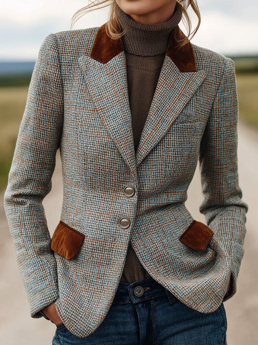 Vintage Plaid Tweed Blazer With Brown Velvet Collar And Pockets