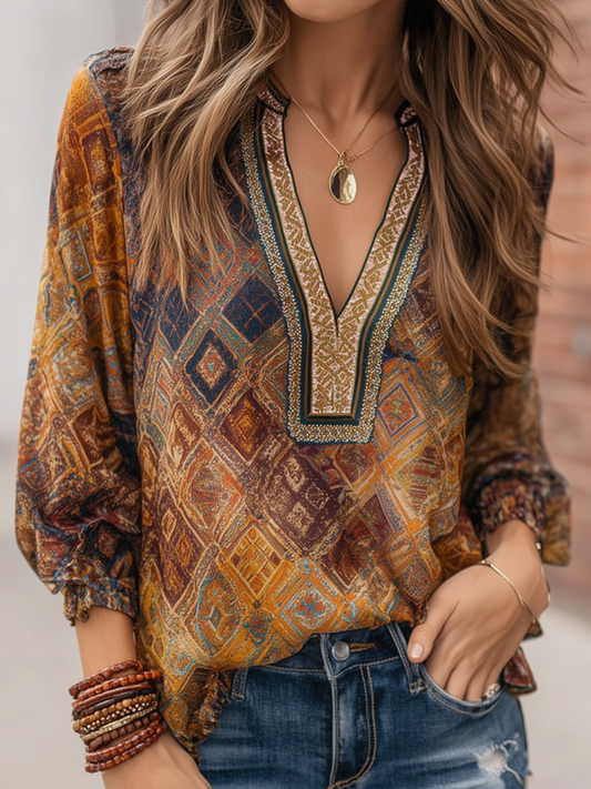 Retro Colorful Diamond Long-sleeved Blouse