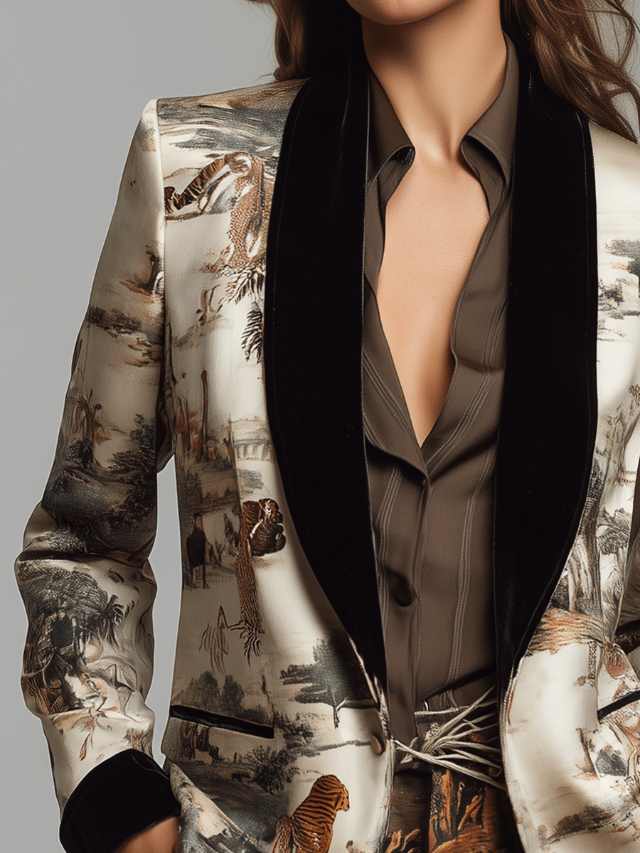 Retro Baroque Print Satin Velvet Lapel Blazer