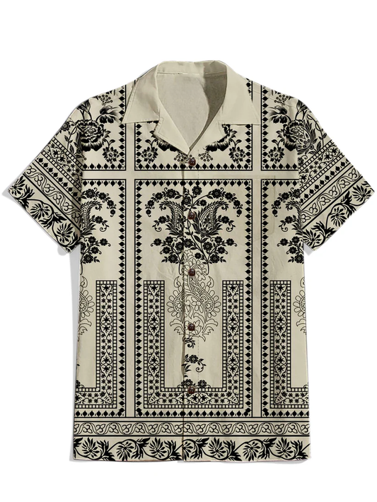 Retro Pattern - 100% Cotton Cuban Collar Shirt