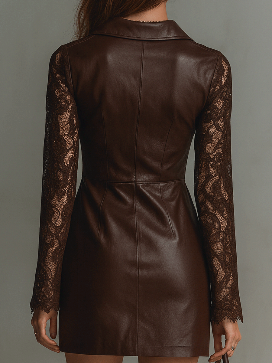 Retro Brown Leather & Lace Zip-Up Mini Dress