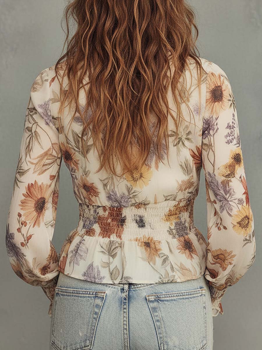 Vintage Floral Chiffon Ruffle Blouse
