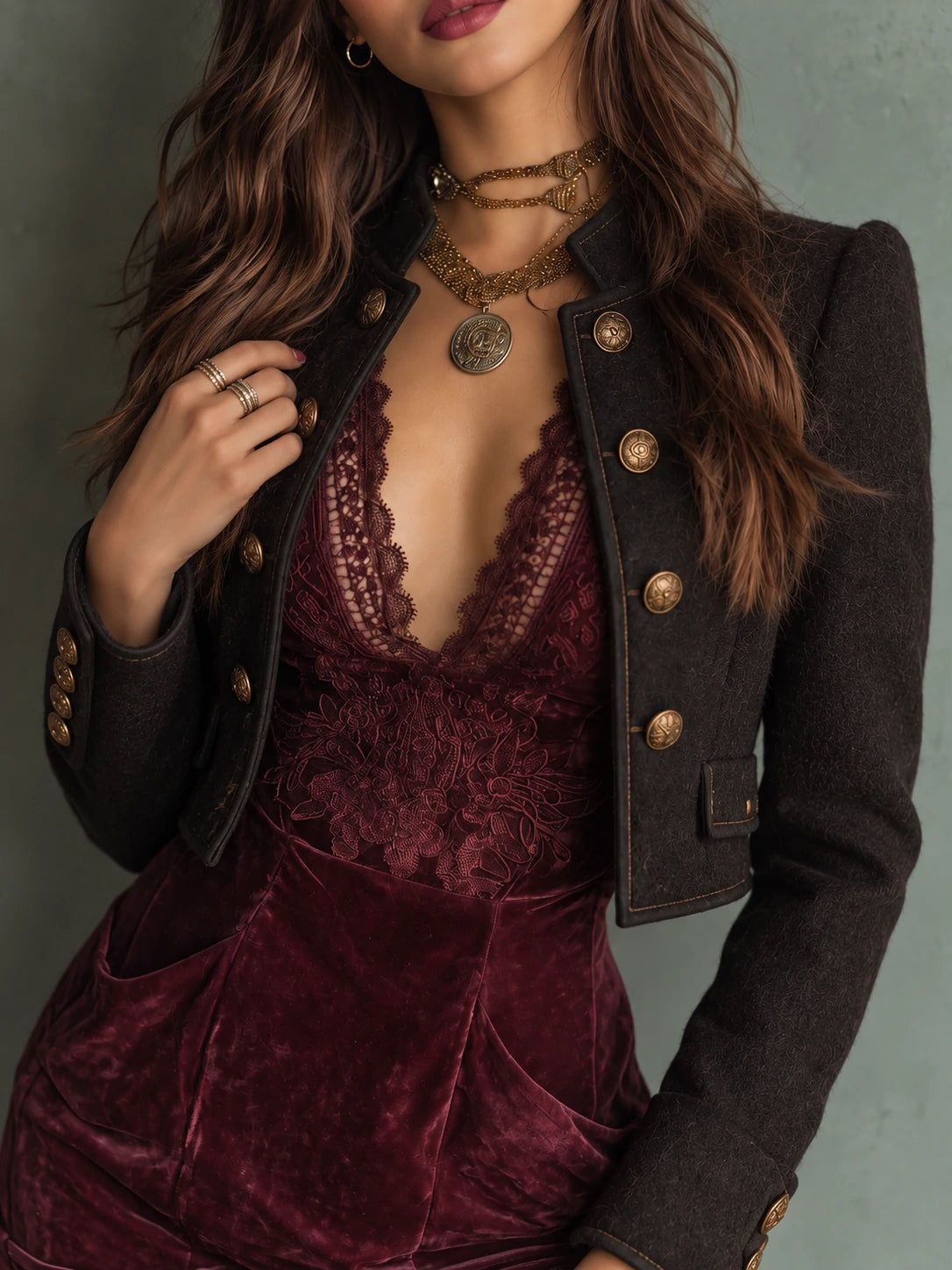 Ornate-Button Cropped Military Jacket
