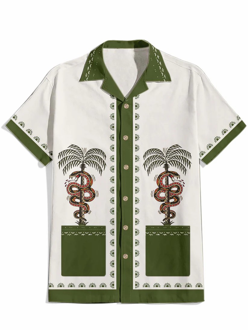 Coconut Tree And Snake - 100% Cotton Cuban Collar Shirt