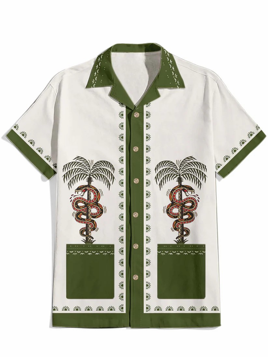 Coconut Tree And Snake - 100% Cotton Cuban Collar Shirt