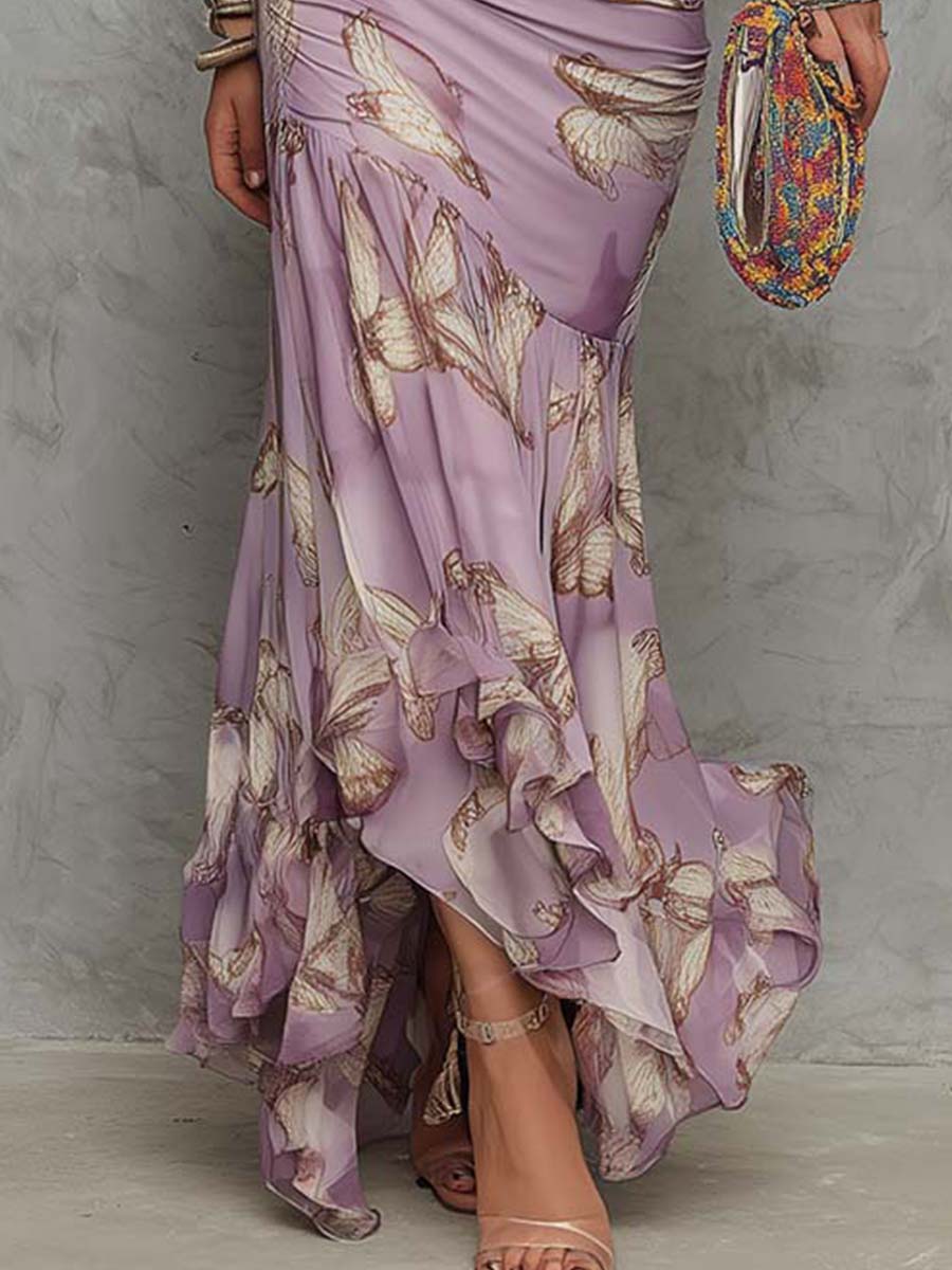 Boho Elegance Printed Halter Neck Ruffle Hem Maxi Dress
