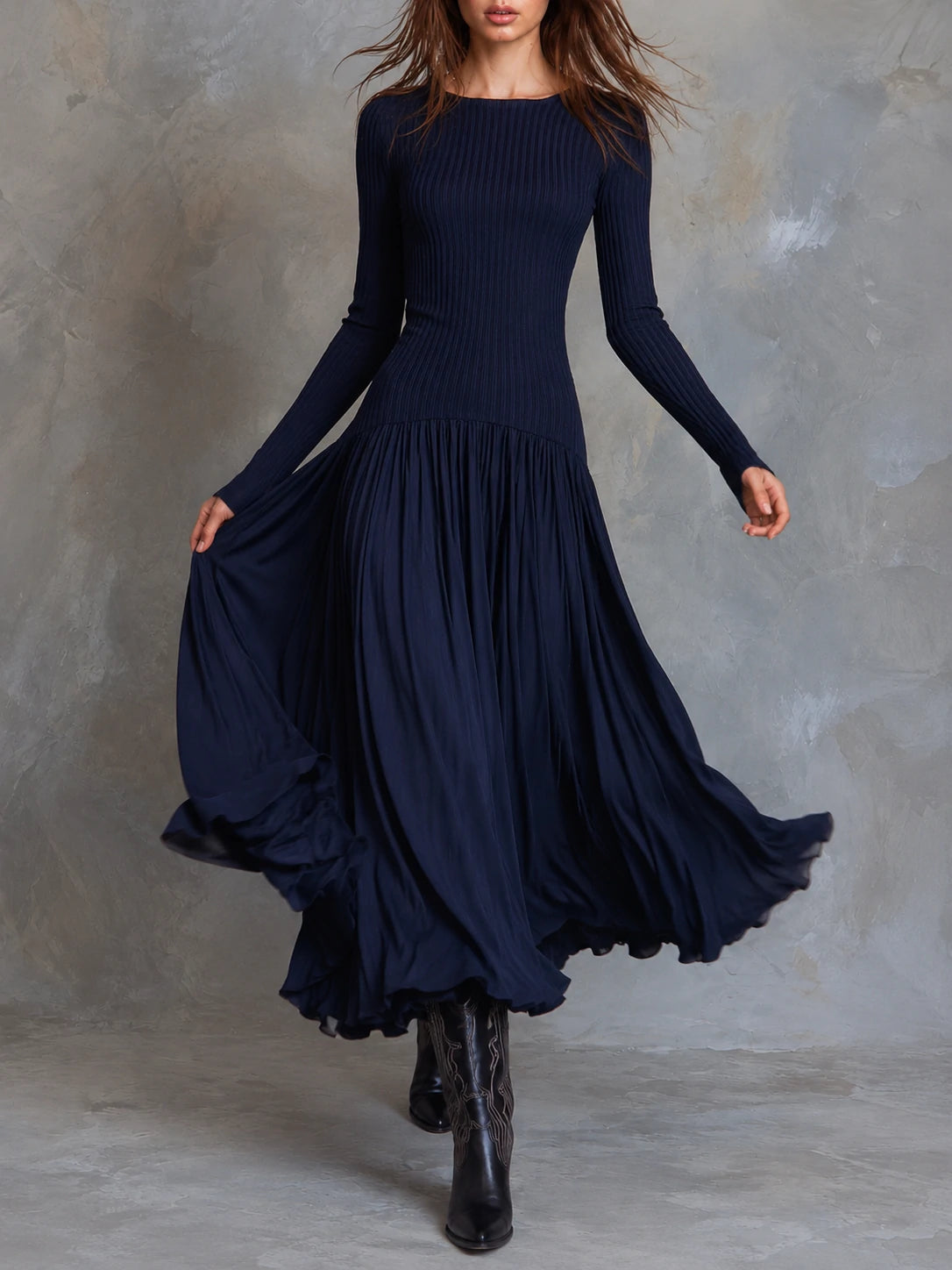 Ribbed Knit And Pleated Chiffon Midi Dress