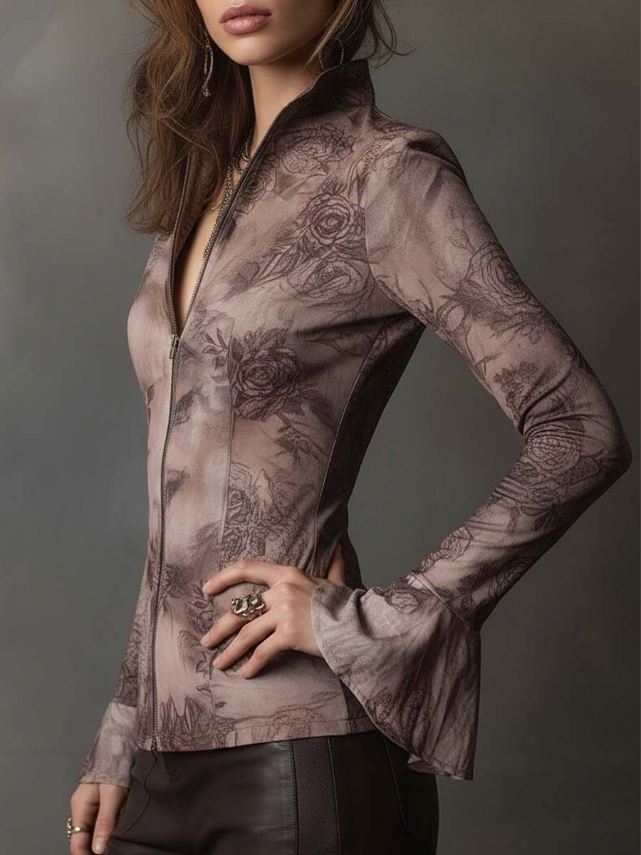 Eco-Suede Rose-Print Fitted Zip Jacket — Desert Botanical Edition