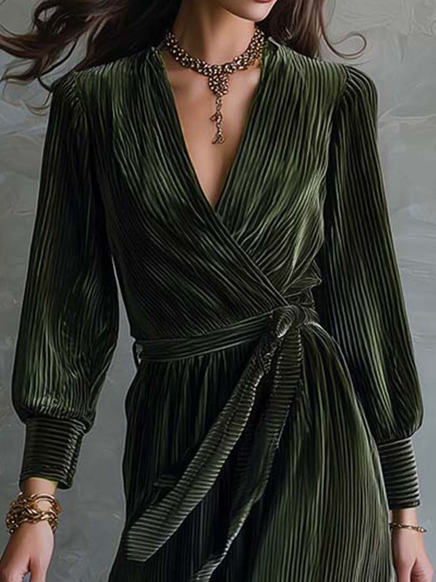Emerald Pleated Velvet Wrap Maxi Dress