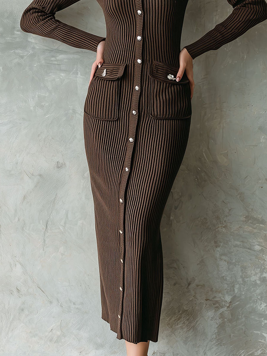 Elegant Coffee Brown Ribbed Knit Button-Down Maxi Dress