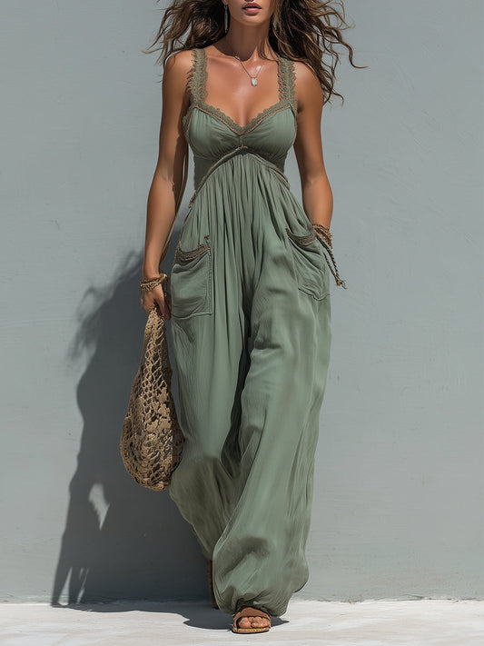 Boho Lace-Trimmed Wide-Leg Jumpsuit With Patch Pockets