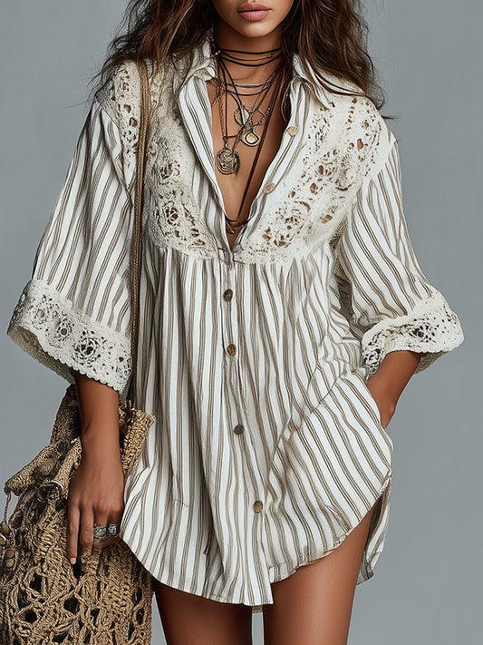 Striped Cotton And Linen Short Dress With Batwing Sleeves And Lace Trim