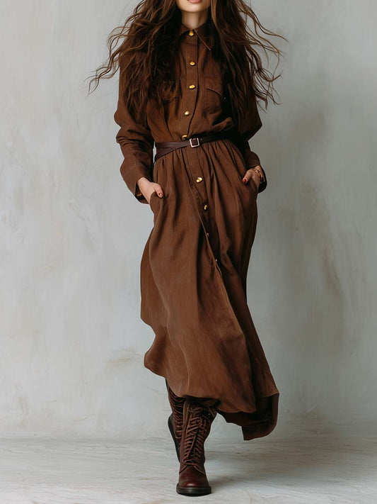 Vintage Casual Cotton Reddish Brown Long Workwear Lapel Dress