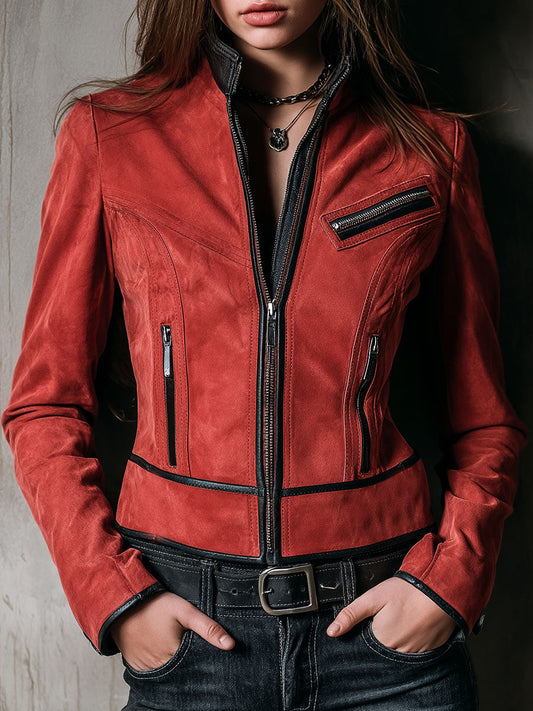 Red Suede Zipper Moto Jacket With Leather Trim