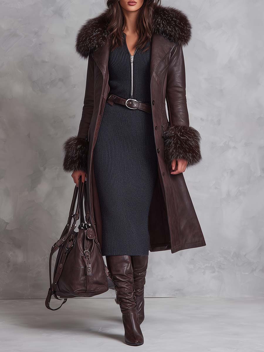 Vintage Reddish Brown Eco-Leather Coat With Detachable Fur Collar