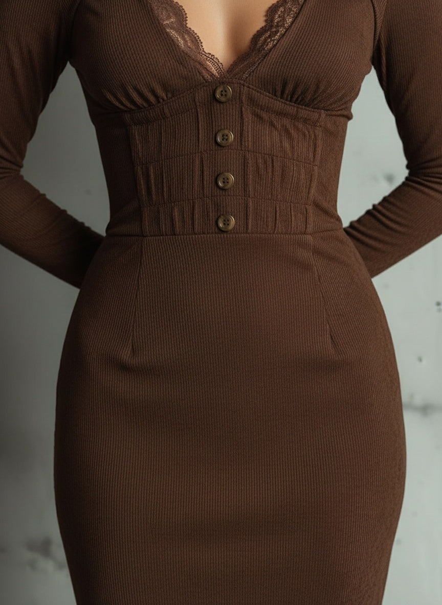 Brown Ribbed Knit Cut-Out Midi Dress