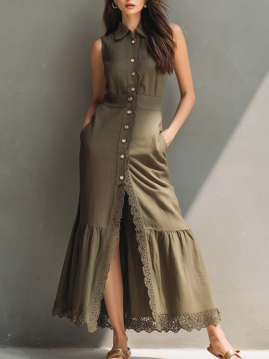 Vintage Lace Trim Flared Hem Cotton And Linen Midi Dress