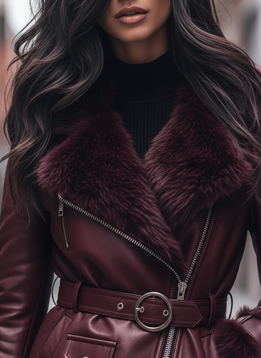 Regal Plum Shearling-Lined Moto Jacket