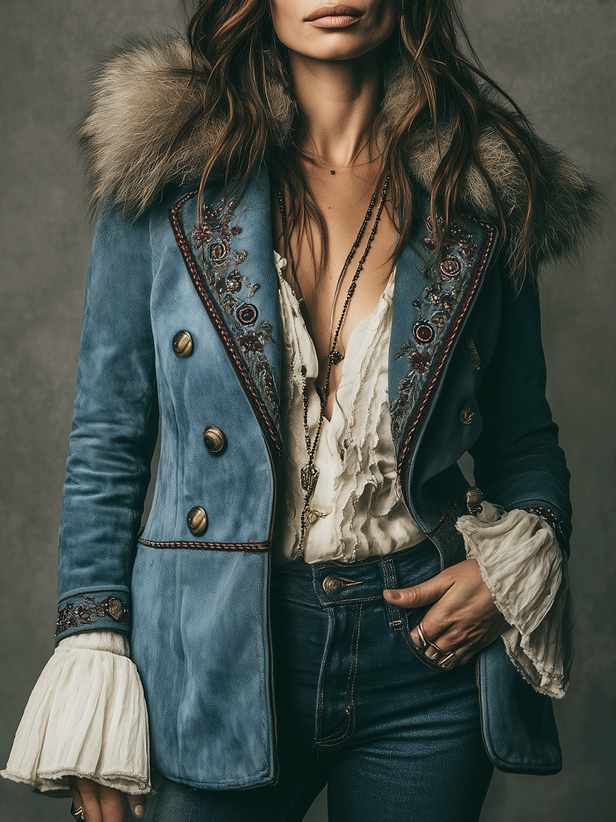 Vintage Blue Embroidered Faux Suede Fur Collar Jacket