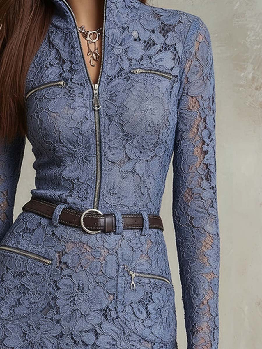 Vintage Zipper Floral Lace Mini Dress