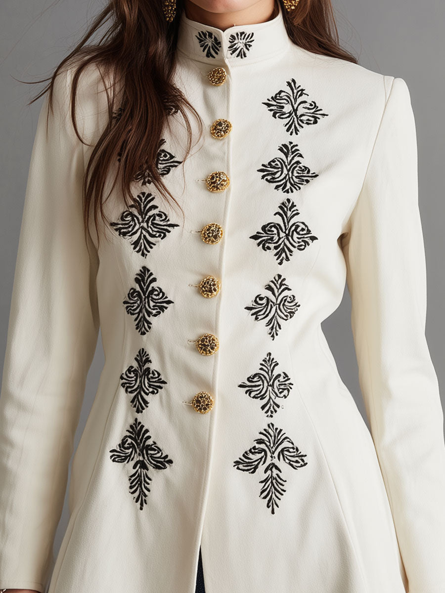 Vintage Stand Collar Mid-length Jacket With Embroidered Metal Buttons