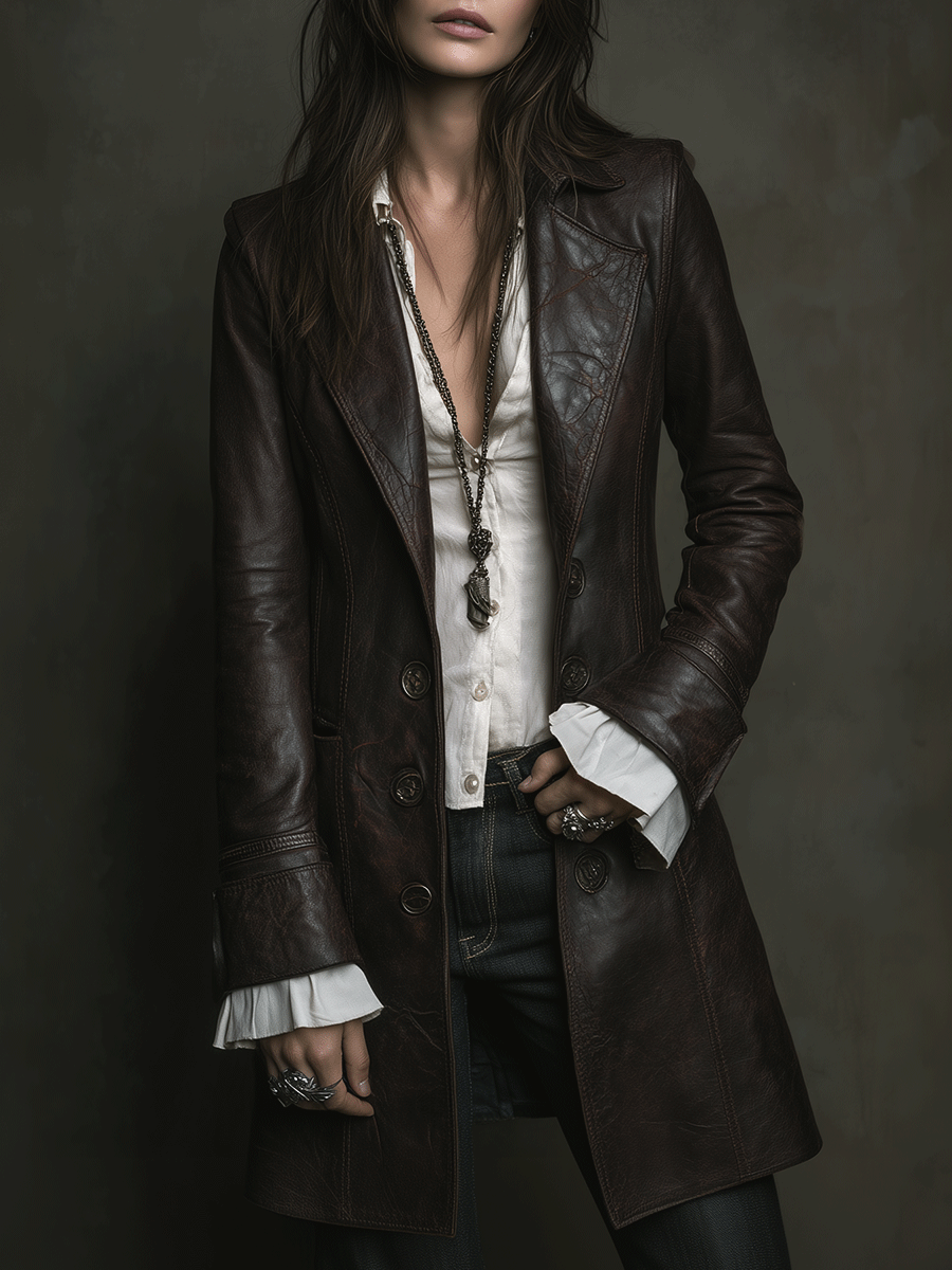 Vintage Brown Leather Tailored Long Coat