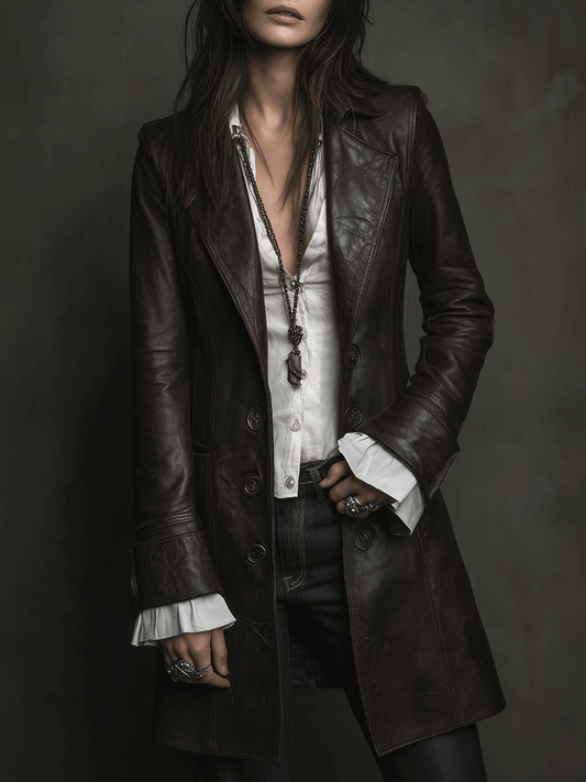 Vintage Brown Leather Tailored Long Coat