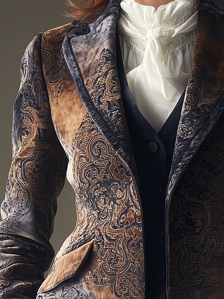 Vintage Suede Totem Print Lapel Blazer