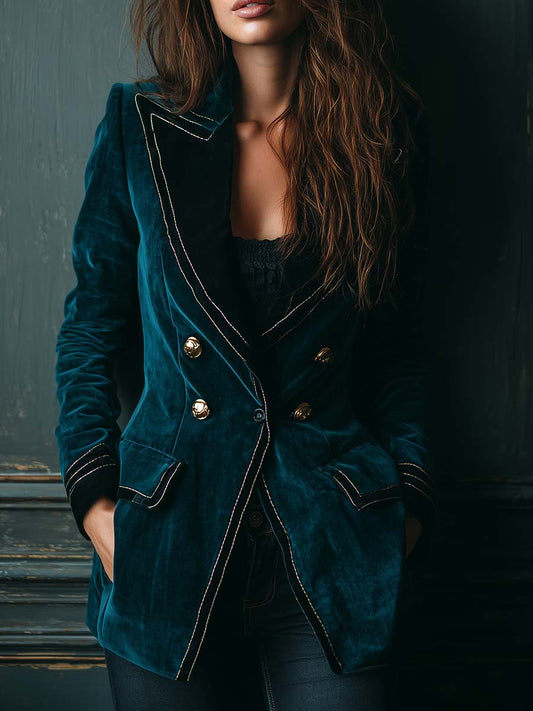 Elegant Polyester Velvet Blazer With Contrast Trim – Deep Teal