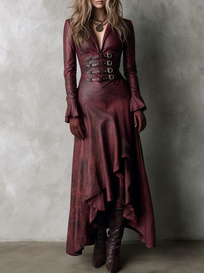 High-Low Burgundy Eco Leather Long Coat Dress With Buckle Corset Waist
