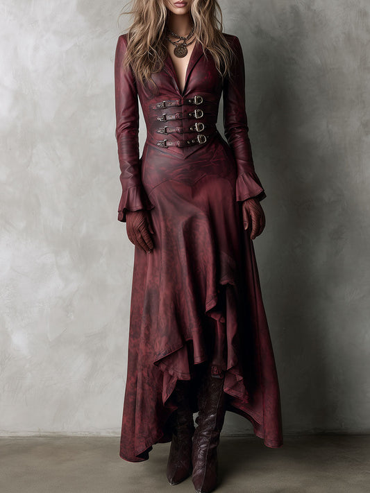 High-Low Burgundy Eco Leather Long Coat Dress With Buckle Corset Waist