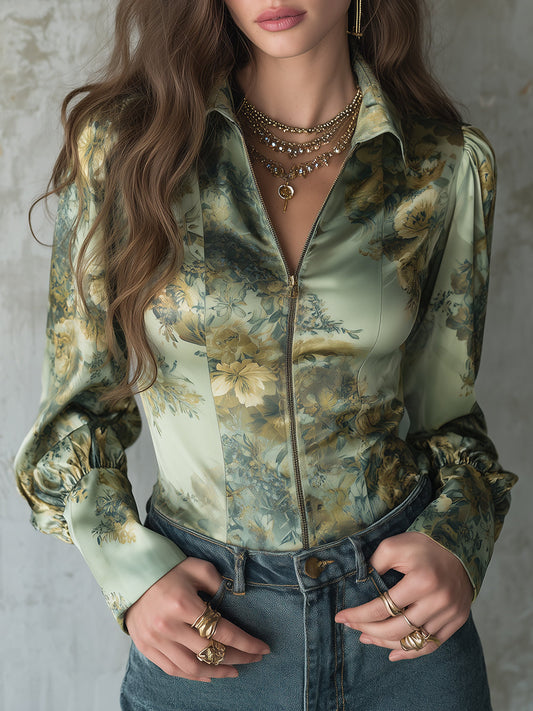 Retro Floral Print Satin Long Sleeve Blouse