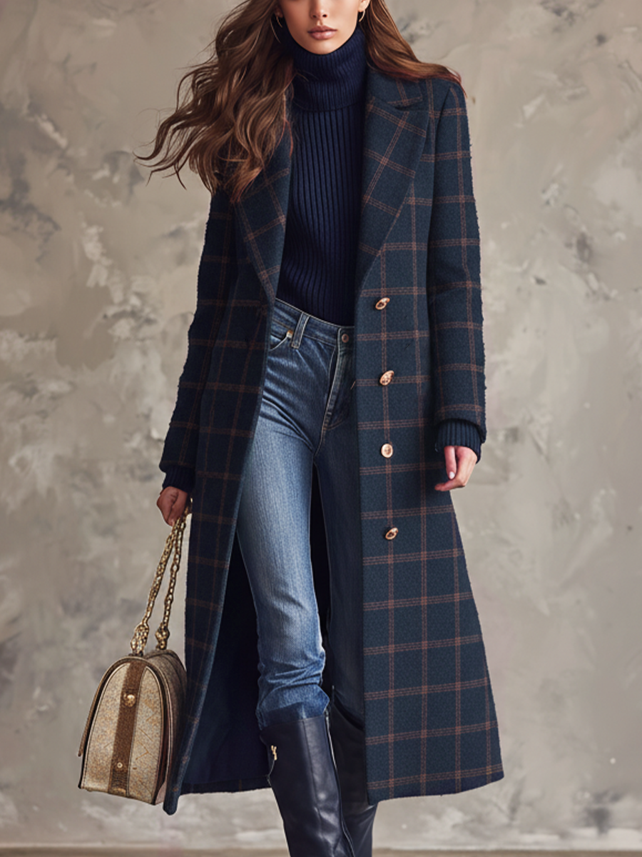Retro Metal Button Plaid Long Coat