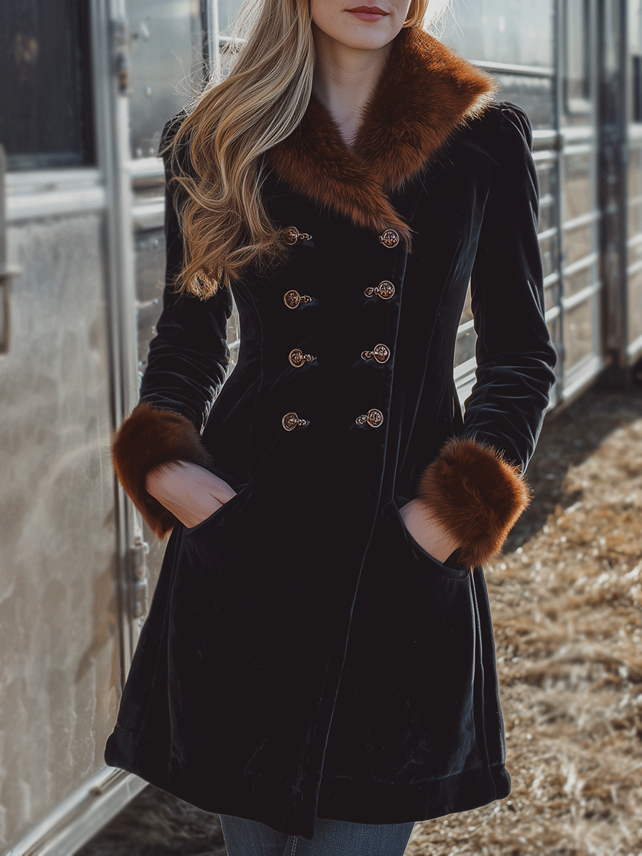 Vintage Black Velvet Double-Breasted Faux Fur Collar And Cuffs Coat