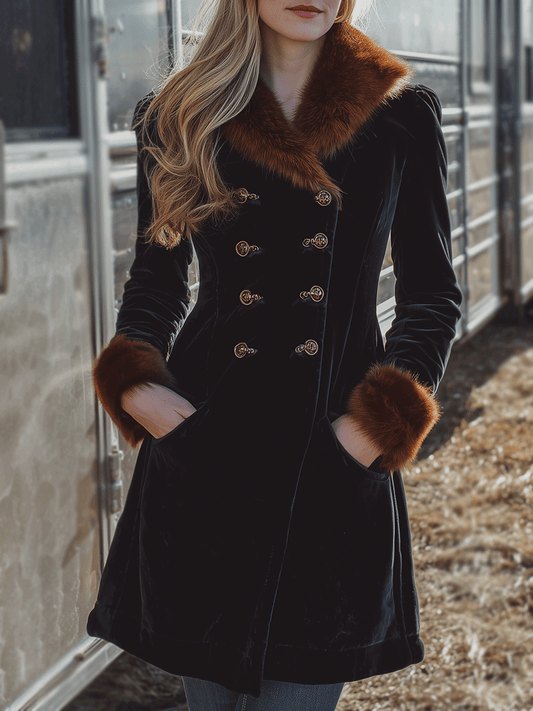 Vintage Black Velvet Double-Breasted Faux Fur Collar And Cuffs Coat