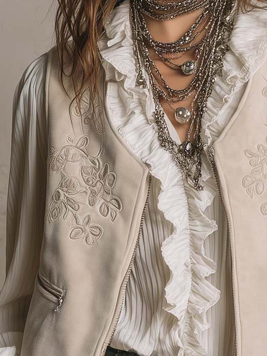Ivory Quiet Luxury Bohemian Style Embroidered Suede Vest