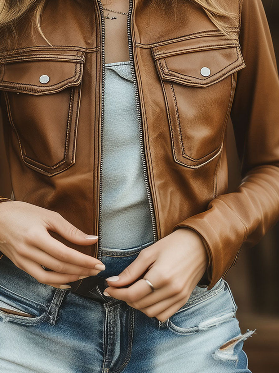 Vintage Camel Brown Eco Leather Cropped Moto Jacket