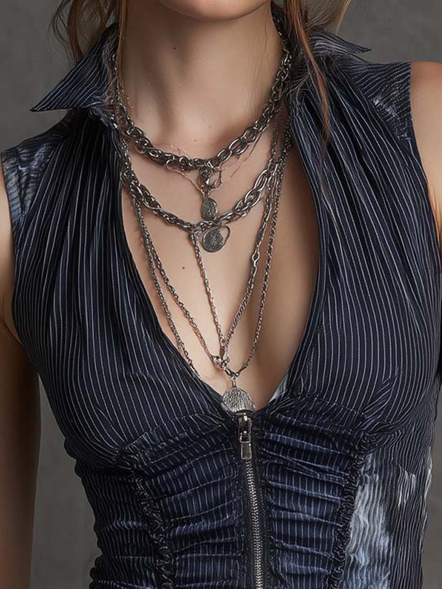 Vintage Boho Pinstripe Zip-Front Fitted Vest Top