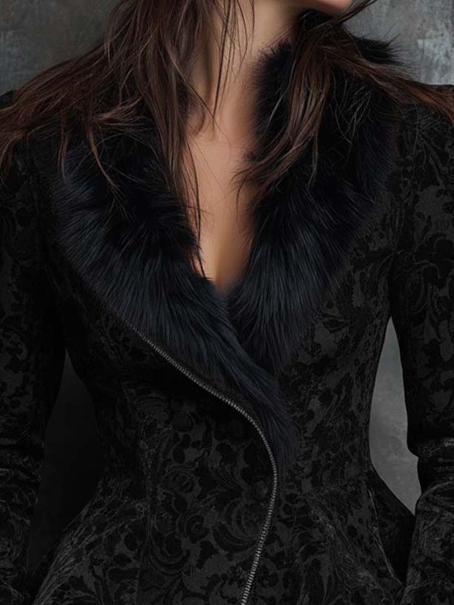 Black Jacquard Peplum Jacket With Velvet Collar