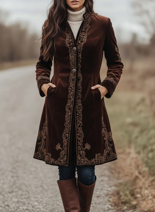 Rich Velvet Embroidered Long Coat
