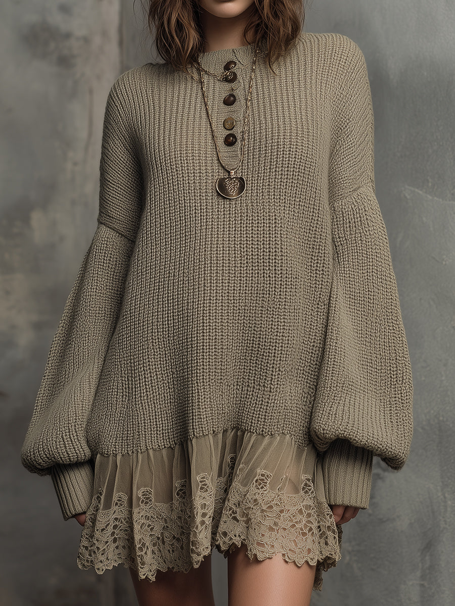 Vintage Nomad Whisper Knit-Lace Layered Mini Dress