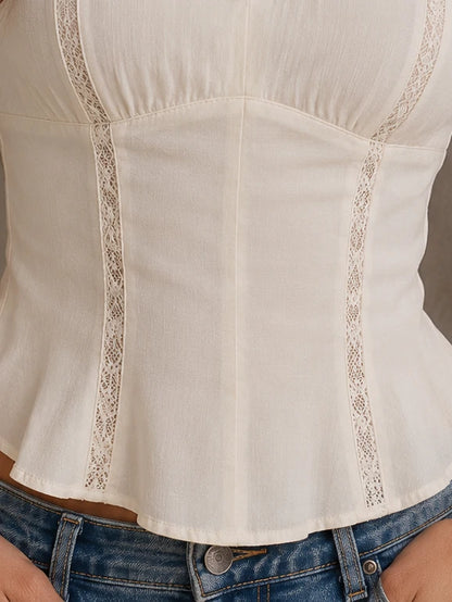 Ivory Lace-Trim Corset Peplum Top