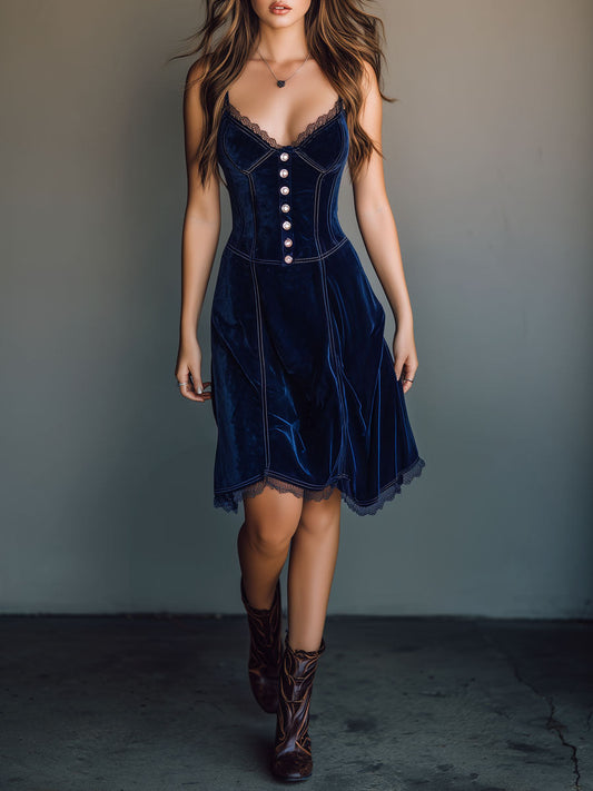Retro Midnight Blue Velvet Lace Trim Midi Dress