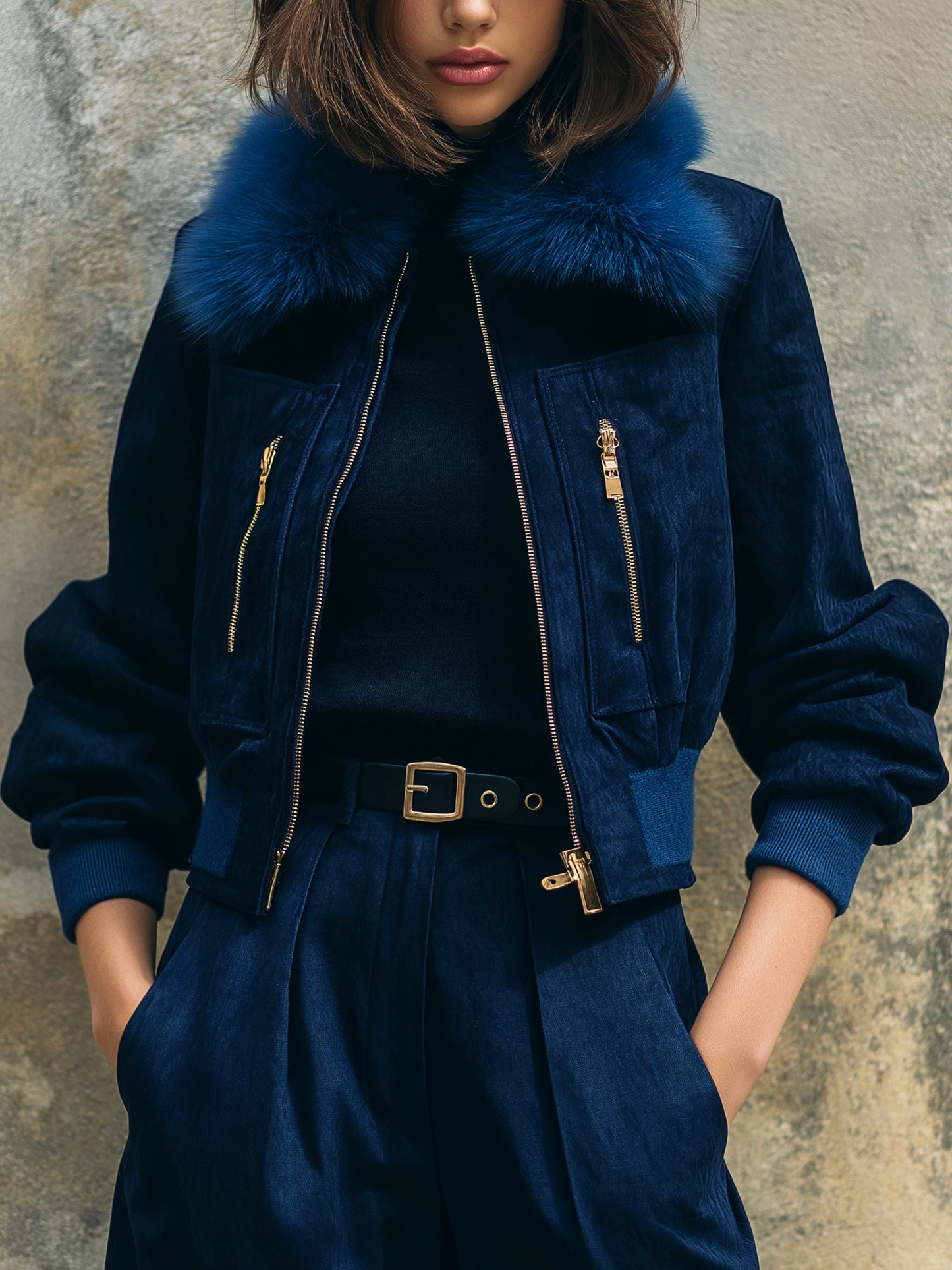 Chic Navy Eco Fur Collar Microsuede Zipper Bomber Jacket With Ribbed Cuffs