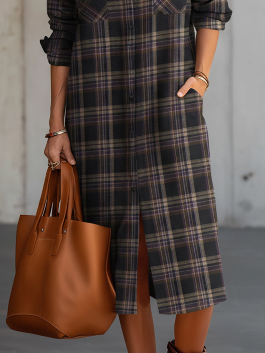 Retro Wool Plaid Straight Shirt Mid-length Dress