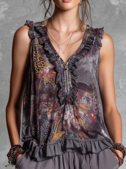 Boho Vintage Floral & Leopard Print Ruffle Chiffon Sleeveless Top