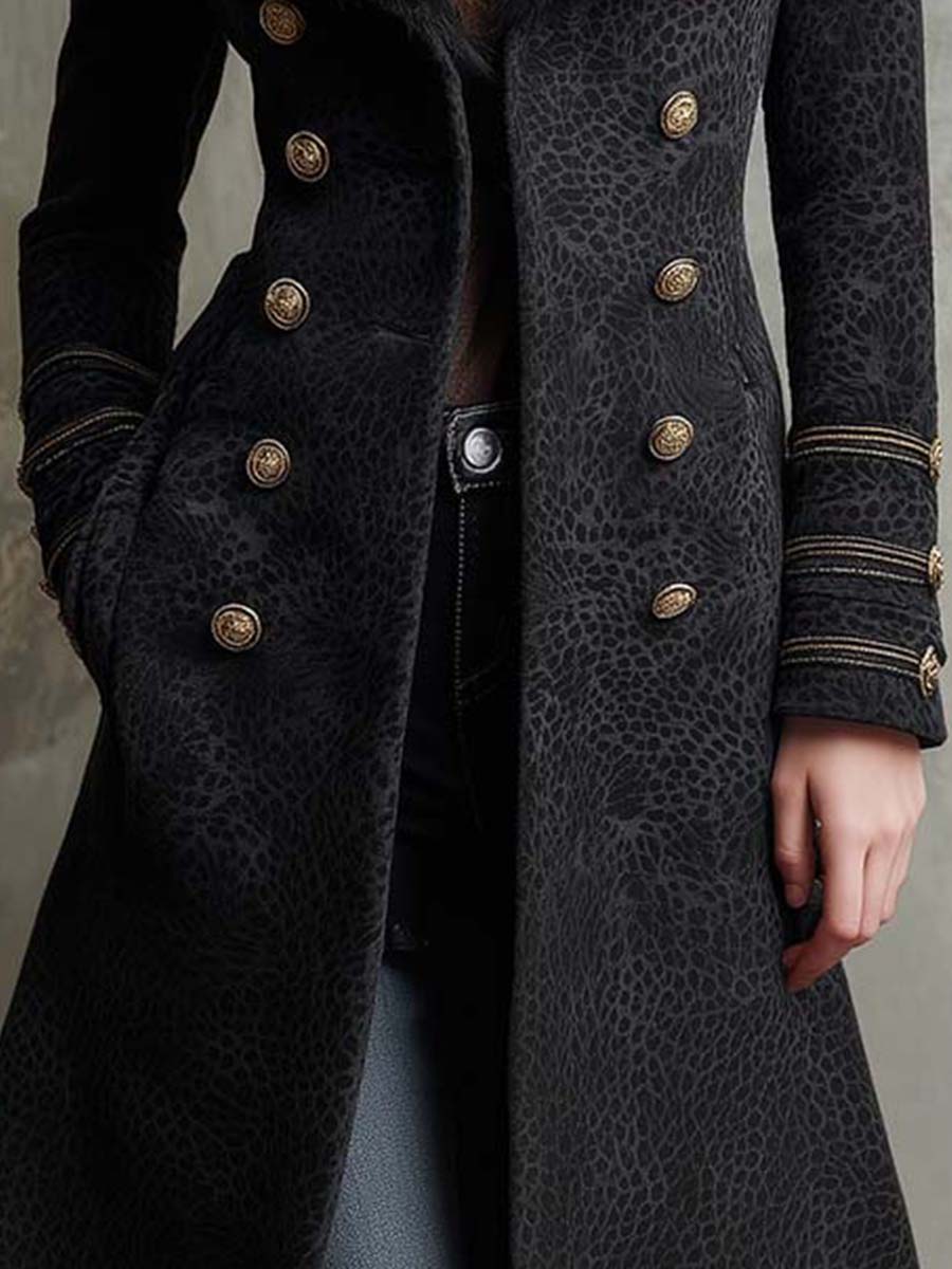 Black Printed Suede Long Coat With Faux Fur Collar & Gold Buttons