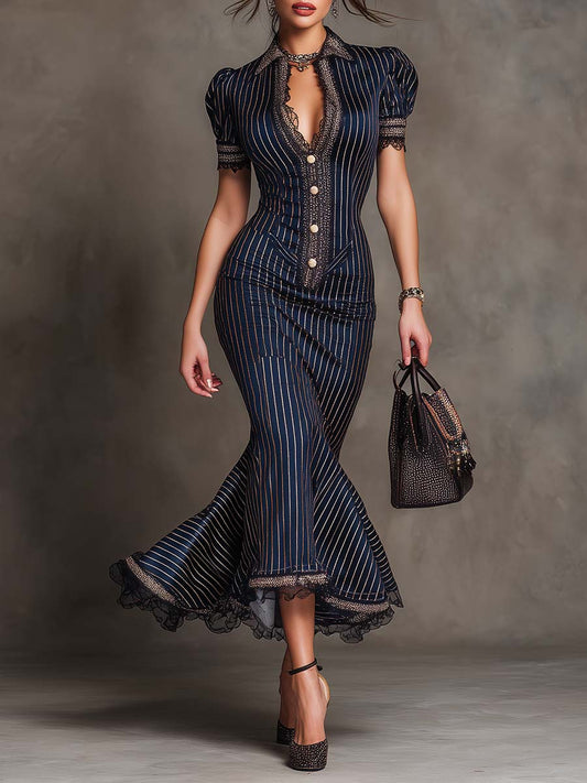 Elegant Vintage Pinstripe Lace Trim Midi Dress
