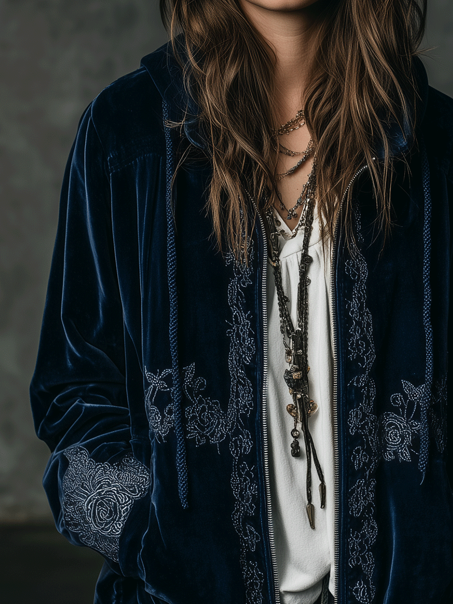 Boho Navy Blue Embroidered Velvet Hooded Jacket