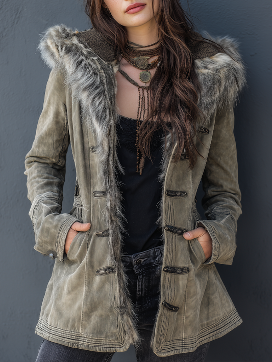 Vintage Distressed Eco-friendly Fur Collar Mid-length Coat